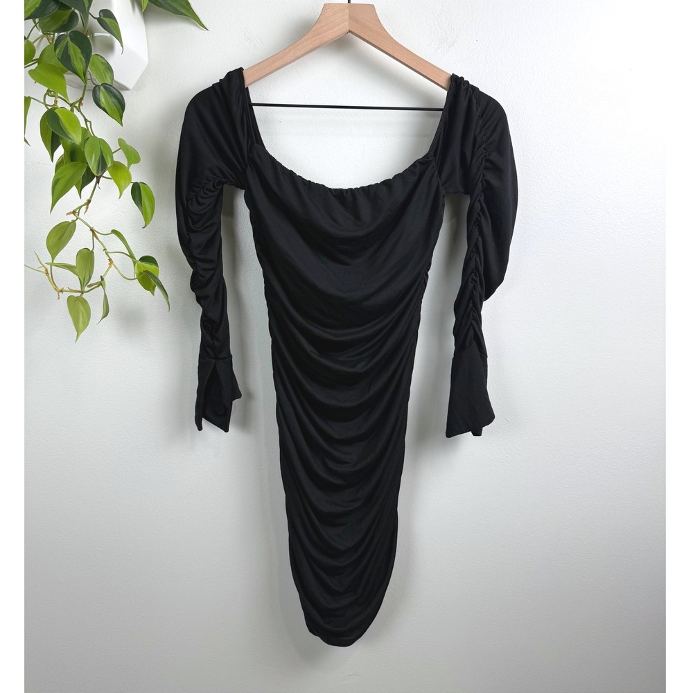 WAYF Black Ruched Off The Shoulder Bodycon Mini Dress Split Cuff S Y2K Romantic